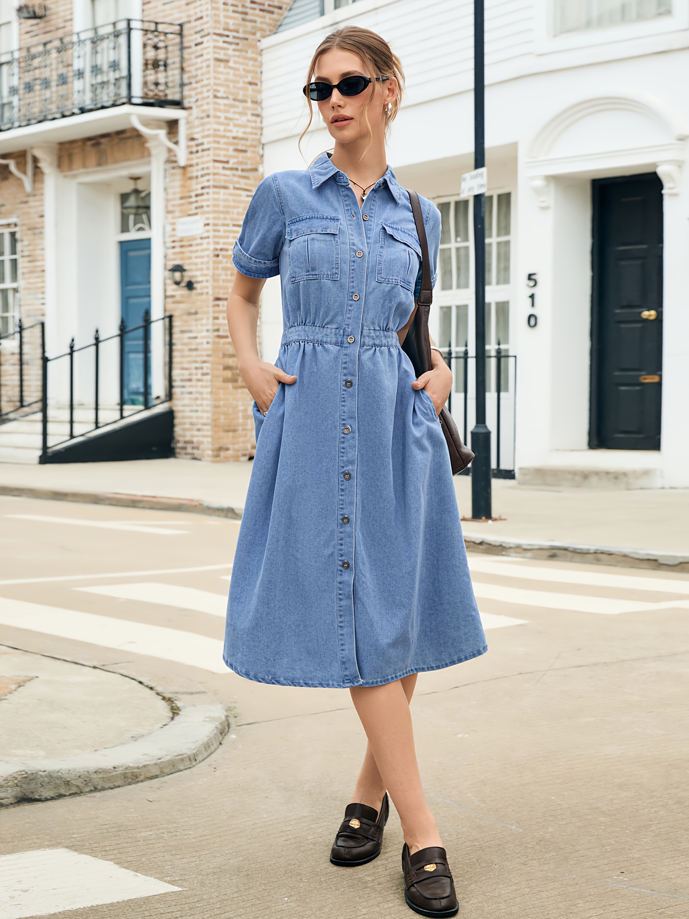 Midi Dress Jean Dress With Pockets Women's Elegant Denim Dress