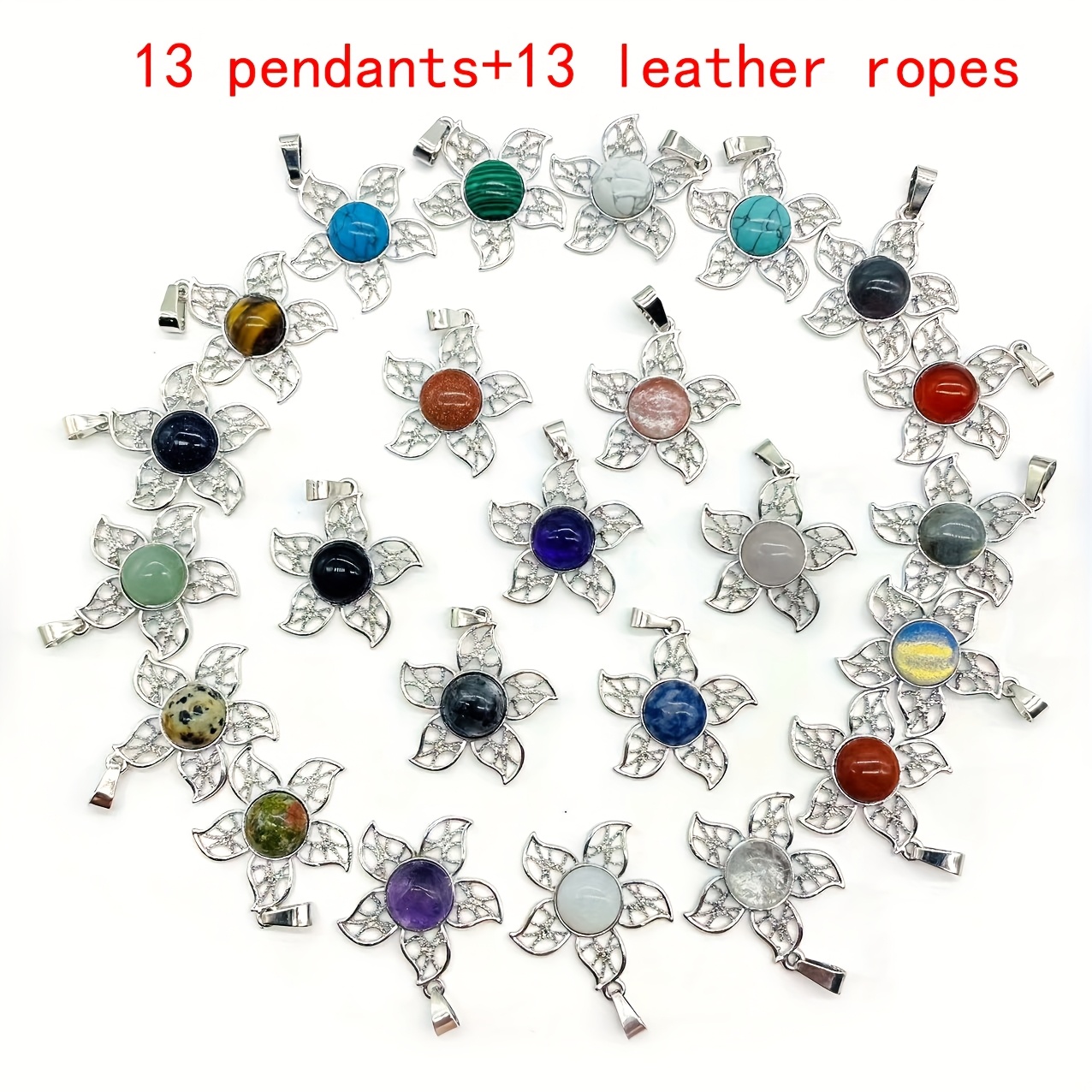 Set of 4 Natural Stone Five-Petal Flower Pendants