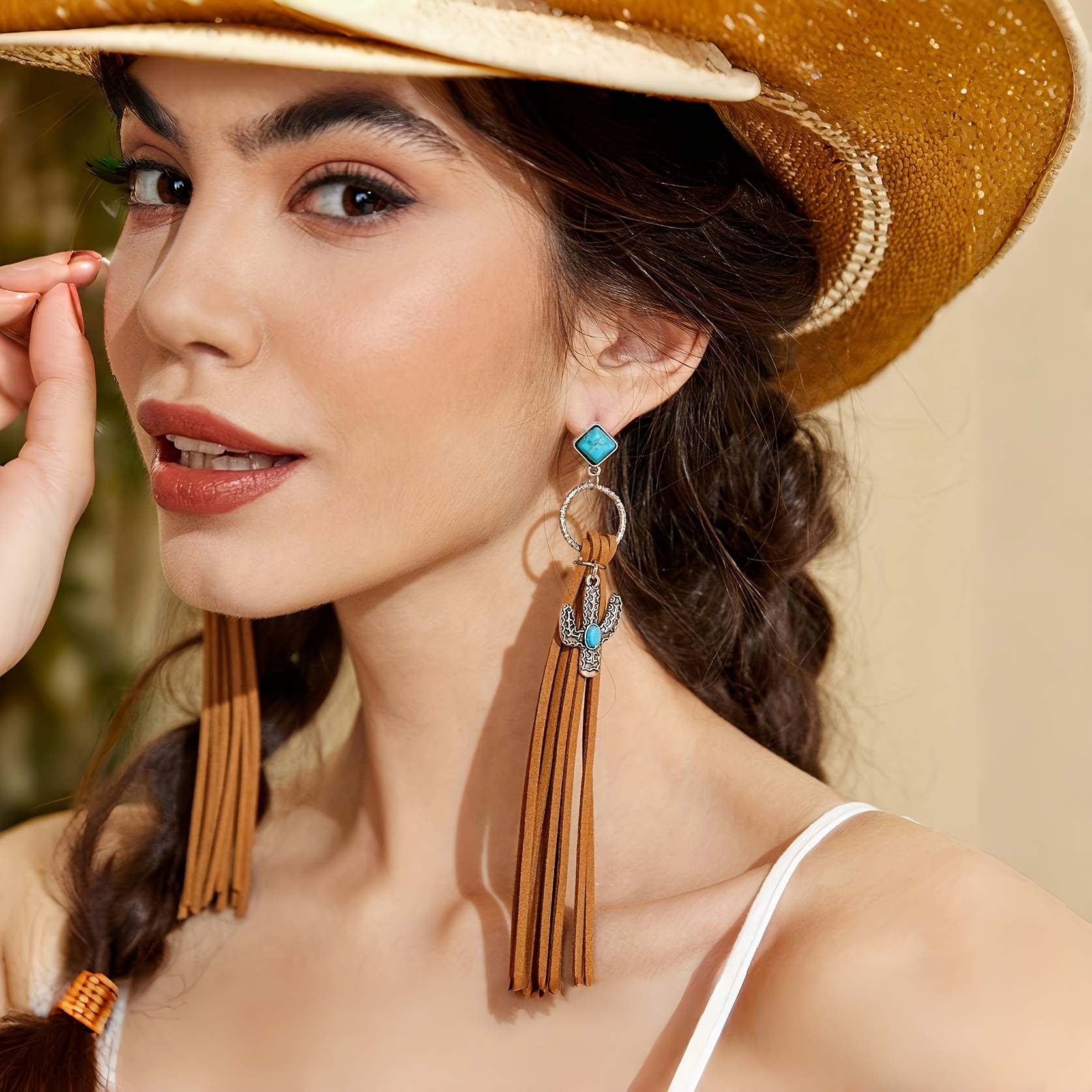 

Long Tassel Dangle Earrings Inlaid With Turquoise & Artificial Leather Bohemian Cowboy Style Unique Statement Ear Decor