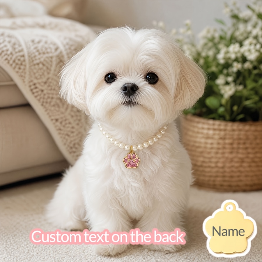 Personalized Imitation Pearl Pet Collar with Engraved Paw Print Pendant