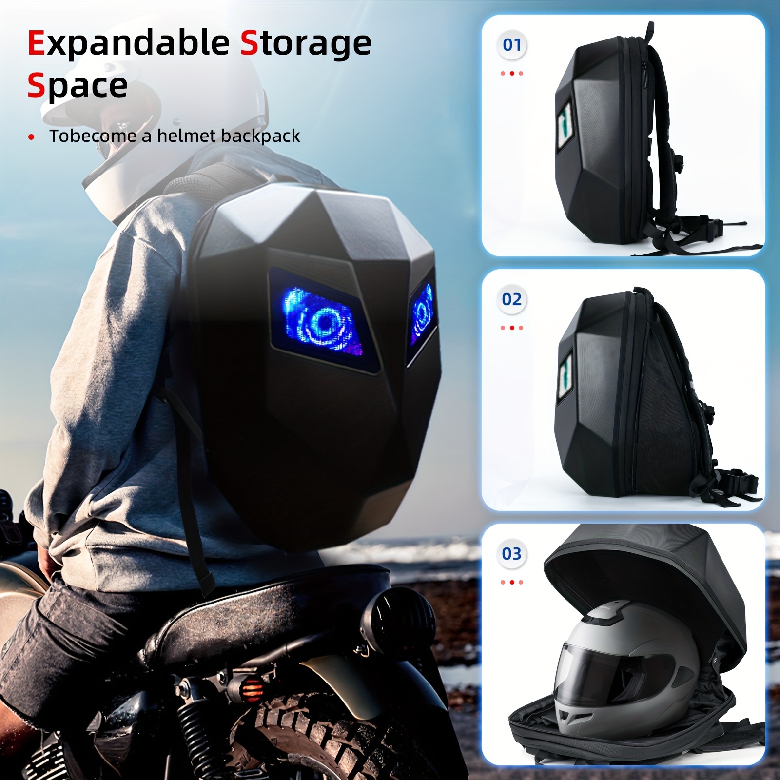   knight led motorcycle backpack with eye hard case riding helmet backpack diy motorbike laptop bag waterproof large size 19inch