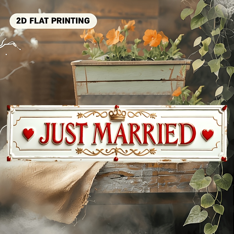 TEMU 2d Flat, Vintage "just Married Sign" Metal Wall Decor - Ornate Wedding Lettering & Marriage Symbol, 10.16x40.64cm /for Hangable Decorative
