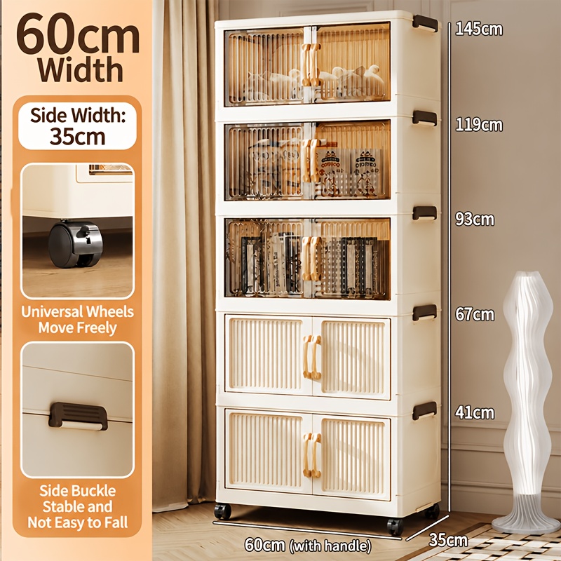 TEMU Meuble de rangement pliant robuste en plastique extra large de 60 cm avec portes - Organisateur pliable avec à 4 roues, à 3/5 niveaux, meuble de