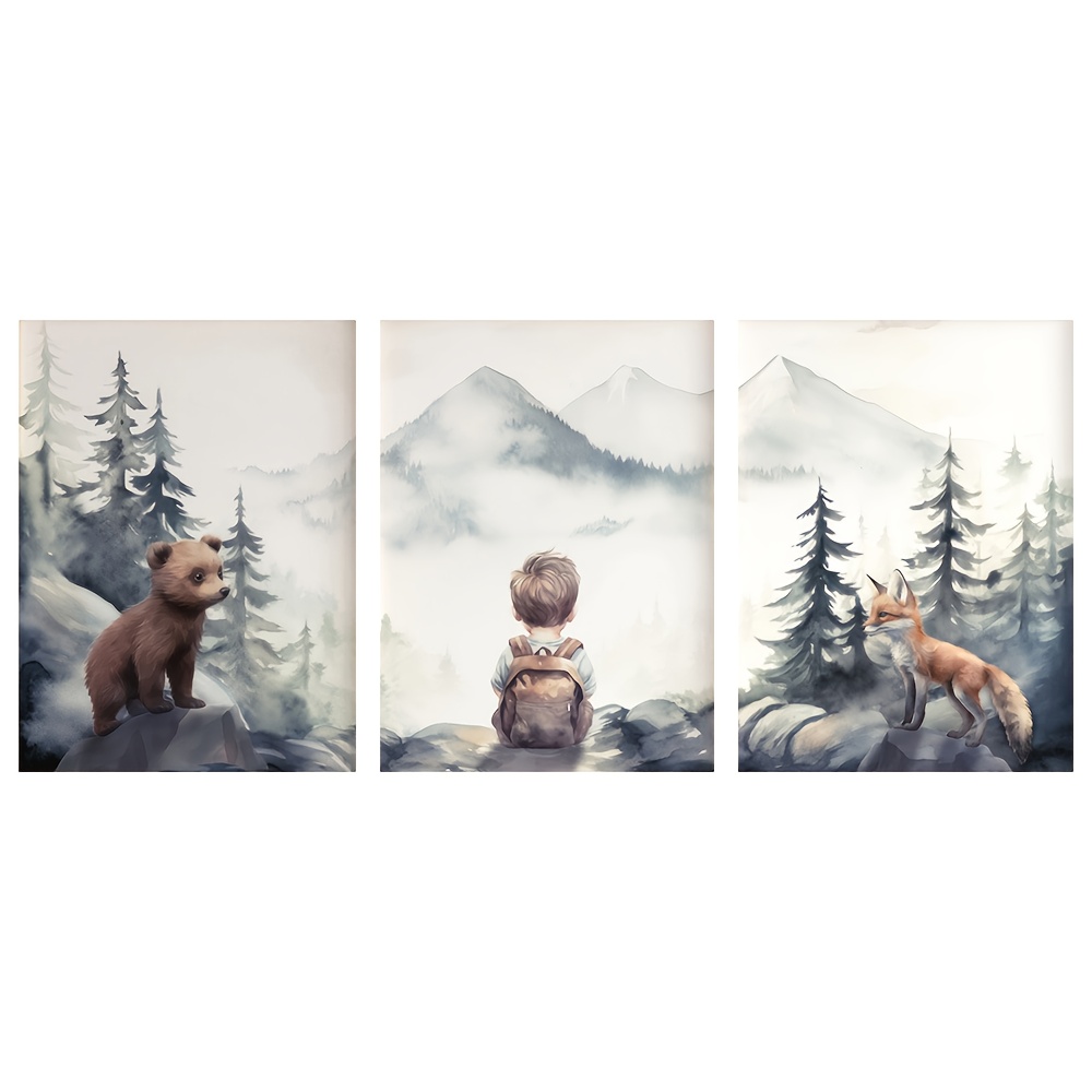 TEMU 2d Flat, 3 Children's Wall Art Posters, Boy Mountain Scenery With A Bear And Fox Art Print, Decorative Painting For Kids' Rooms, Nurseries, And