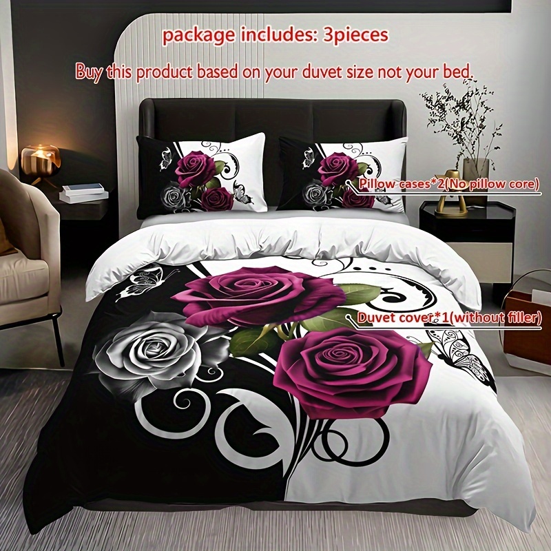3pcs Rose Floral Duvet Cover Set (1 Duvet Cover + 2 Pillowcases Without Pillow Insert), Home Dormitory Hd Printing