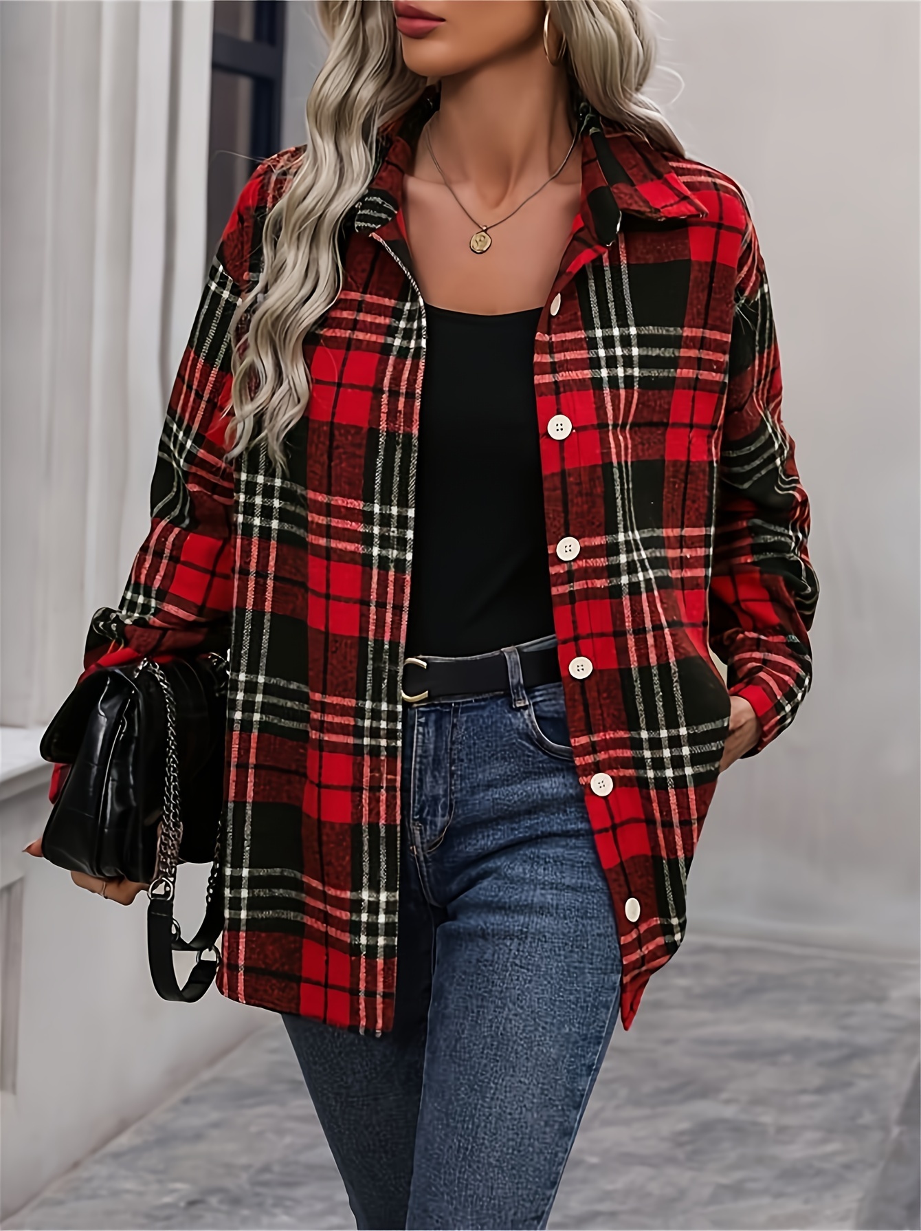 womens oversized check shirt jacket collar button Temu