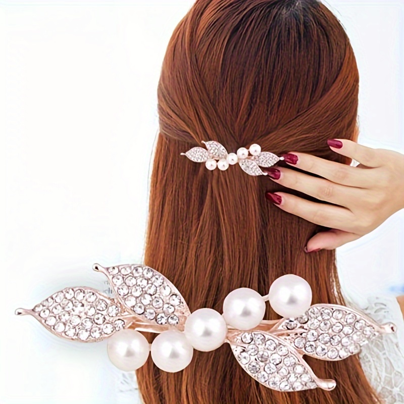 Image of Elegant Pearl Rhinestone Bow Hair Clip, Simple , Women's Ponytail Holder, Small Spring Clasp