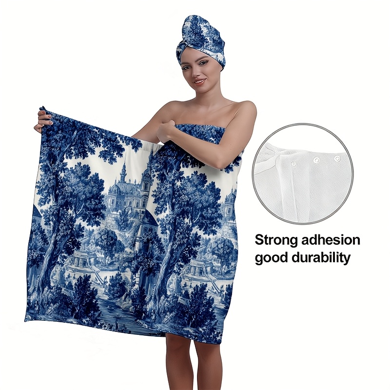2D Flat, 2pcs Blue and White Classical Garden Scenery Bath Skirt, 2D FLAT Bath Skirt and Hair Drying Cap Set, for Bathroom/Beach/Gym/Sauna/Beauty Salon/SPA/Spa/Washroom, Soft/Quick-Drying/Absorbent/Stylish, Valentine's Day, 2D Flat