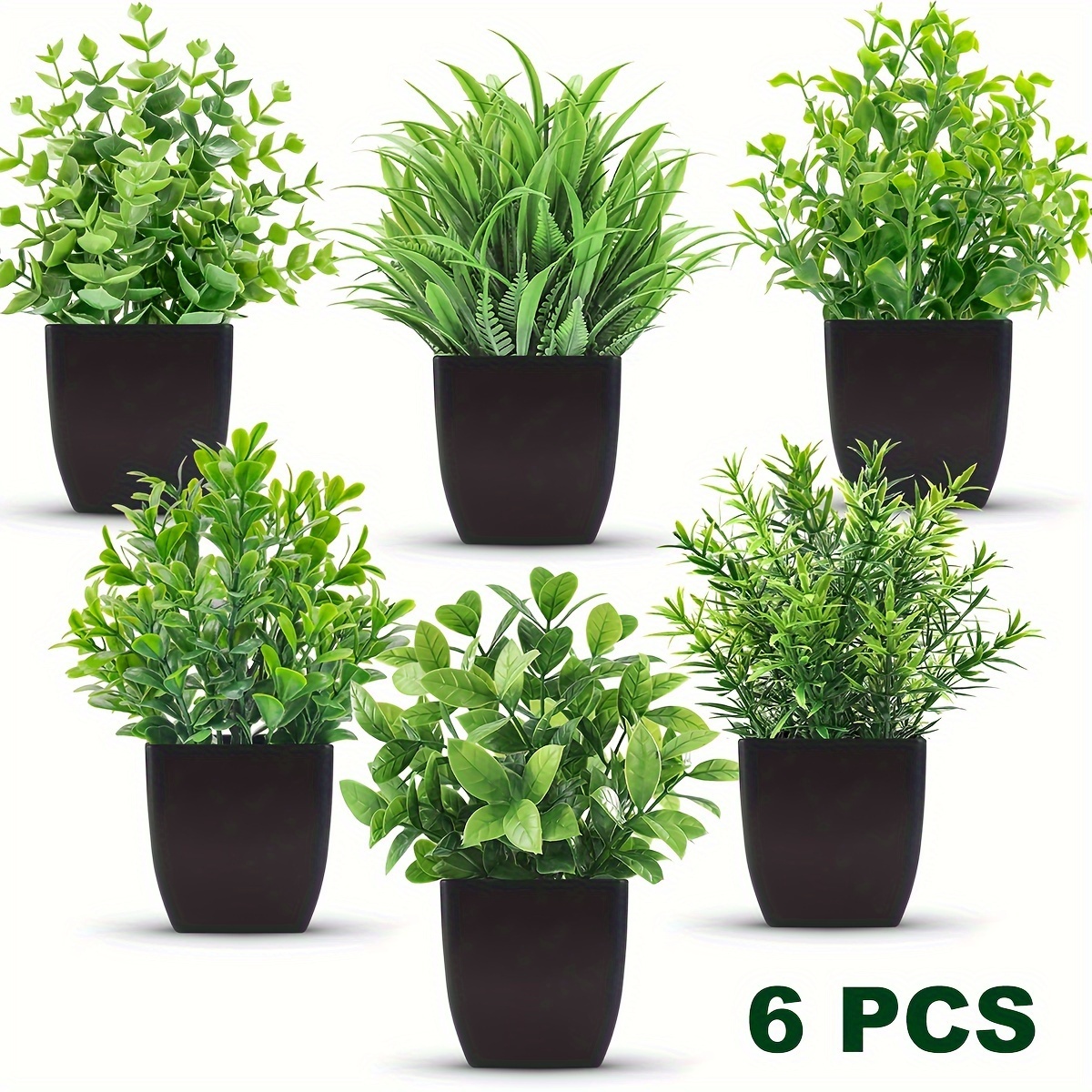 

6 Pack, Artificial Potted Plants Mini Fake Plants, Eucalyptus Potted Decorative Grass Plant With Black Plastic Pot For Home Decor, Indoor, Office, Desk, Table Decoration