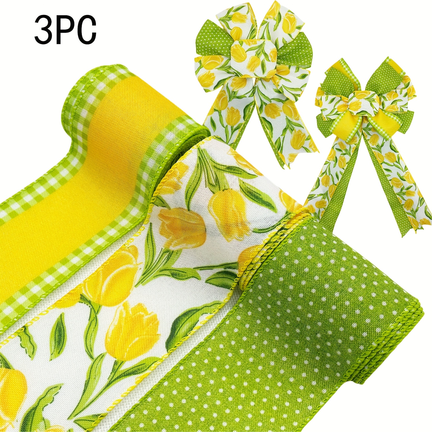 

3 Rolls Style Polyester Wired Edge Ribbon Set, 2.5 Inch Yellow Pattern For Wreath Bow Wrapping, Gift Decoration, Diy Crafts, Spring & Universal Holiday Decor, No Feathers, Non-rechargeable