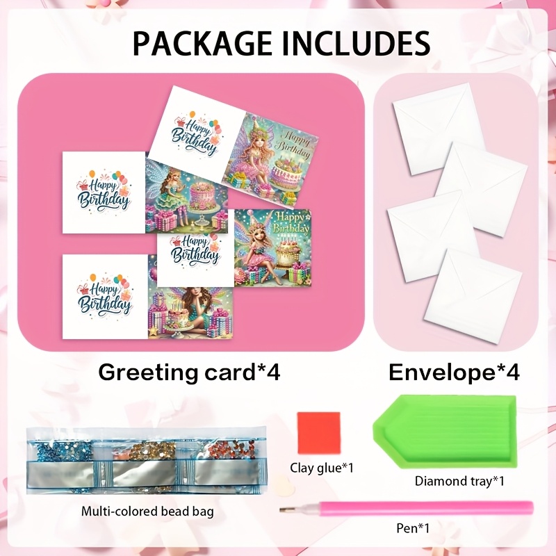 TEMU A Set Of 4 Fairy Diamond Painting Greeting Cards, Birthday-themed Holiday Cards With Envelopes, A Creative Gift For Birthdays And Special