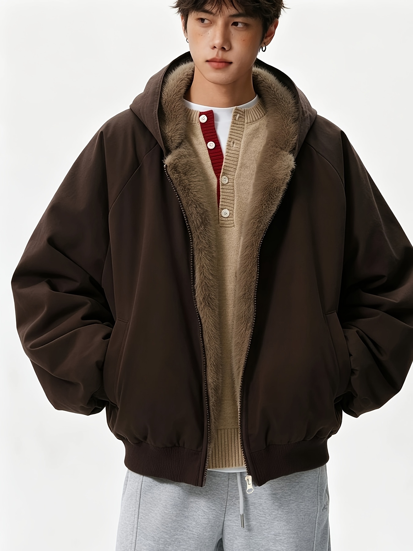 Men's Reversible Zip-Up Hooded Thick Jacket