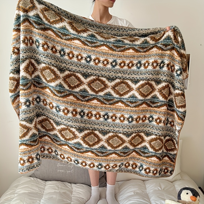 1pc Bohemian Plush Throw Blanket - Ultra-Soft All-Season Luxury Bedspread with Brown, Beige, Blue-Green Geometric Patterns - Machine Washable Couch, Dorm, Office, Travel Blanket - Lightweight & Warm Home Decor, Blanket for Bed, Dorm Room Bedding, Fantasy Themed Decor, Skinfriendly Fabric, Office Comfort, Boho Chic Decor, Durable Material, Office Workers