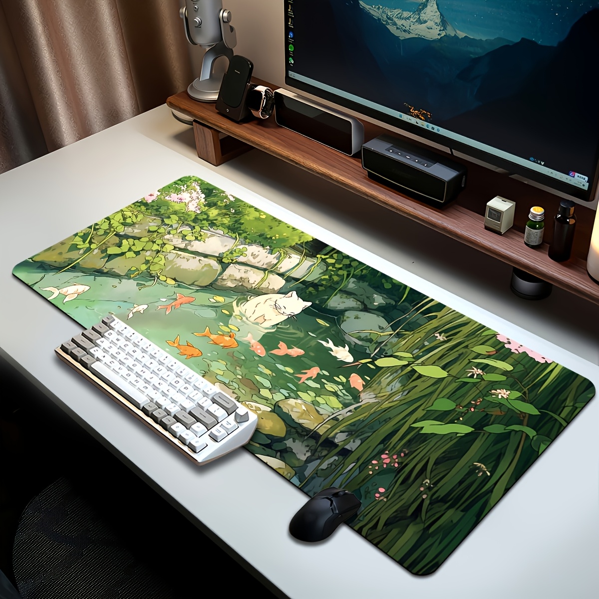 TEMU 1pc Enlarged Durable Mouse Pad, Cute Cat Fish Scenery Design, Office Small Mouse Pad, Laptop Keyboard Pad, Study Desk Mat - Precision Stitching