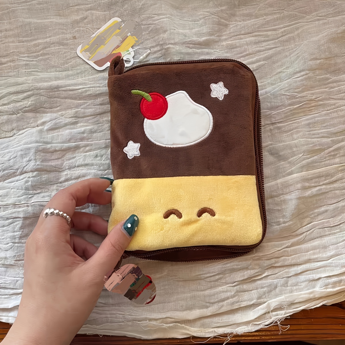 TEMU 【商品名】和風刺繍プリン - プリン 収納バッグ、ロット、日記入れ可能、メッシュ ポータブルウォレット、精巧な立体刺繍、旅行チケットとバッグ