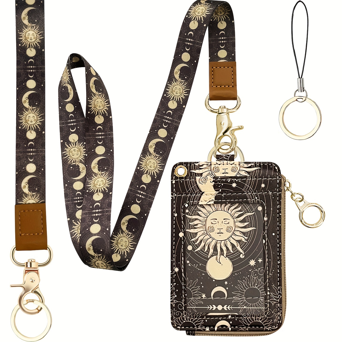 

2in1 Sun And Moon Id Card Holder Wallet With 1 Long Lanyard & 1 Short Lanyard & 3 Key Ring & 1 Cell Phone Lanyard, Pu Leather Card Case With Zipper, Portable Keychain Coin Purse For Women Badge Holder