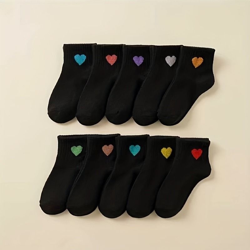 Image of 10 Pairs Black Children Socks With Colorful Heart Designs, Suitable For Boys And Girls Breathable Mid-calf Socks Basic Daily Wear Kids Socks