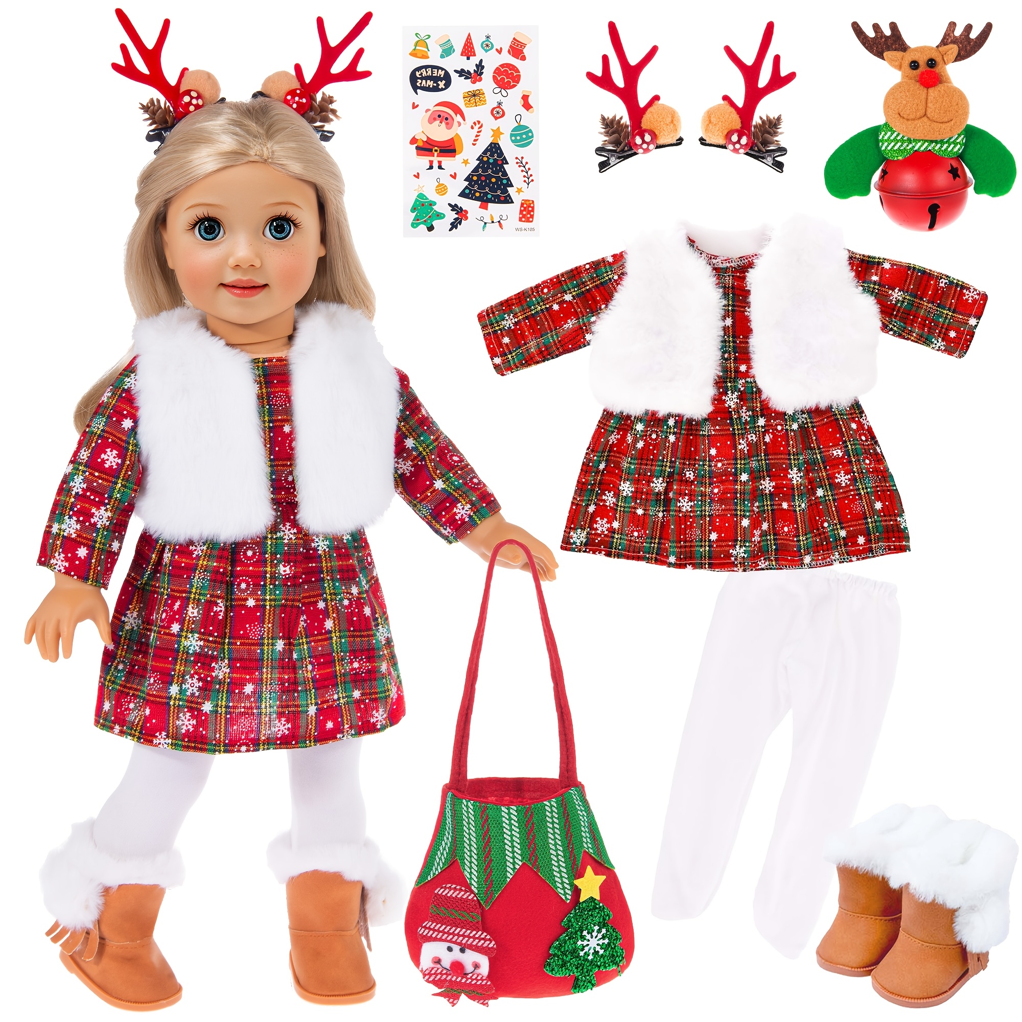 

1 Set Ebuddy 18 Inch Doll Christmas Outfit And Accessories - Dress With Fur Trim, Hairpins, Trousers, Boots, Handbag, Stickers, And Bell - Polyester Playset For 3+ (doll Not Included)