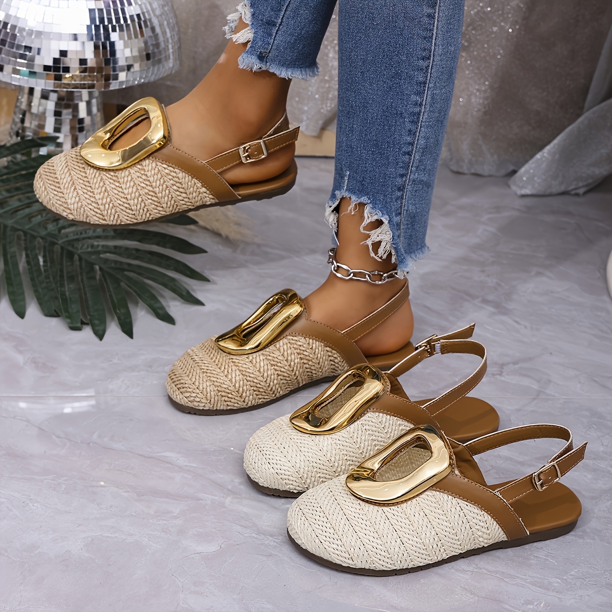 

Chic Women's Summer Sandals - Breathable Straw Woven, Toe With Ankle Strap, Flat Heel