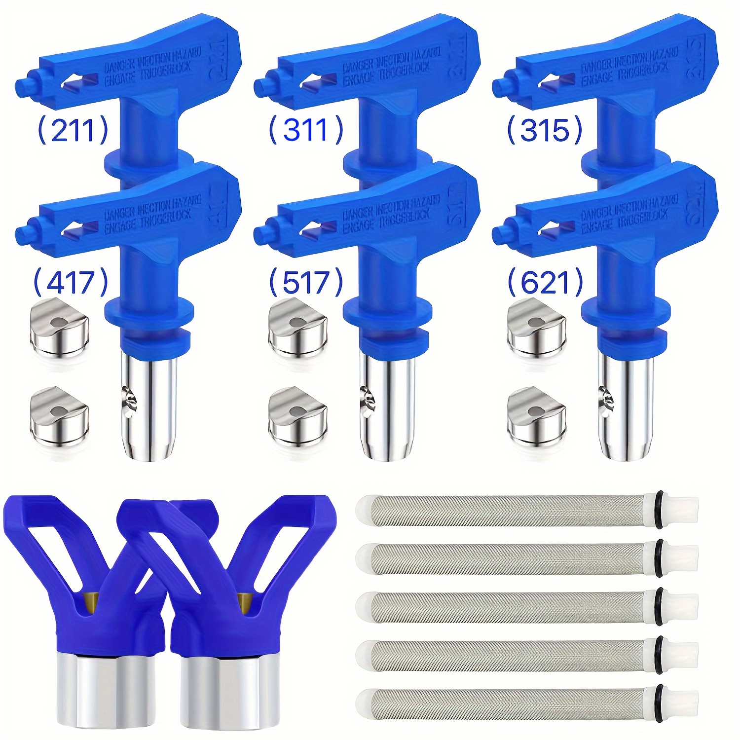 

13pcs Airless Paint Spray Kit: Stainless Steel Tips (211, 311, 315, 417, 517, 621), Nozzle Guards & Filters - Compatible With All Airless Sprayers