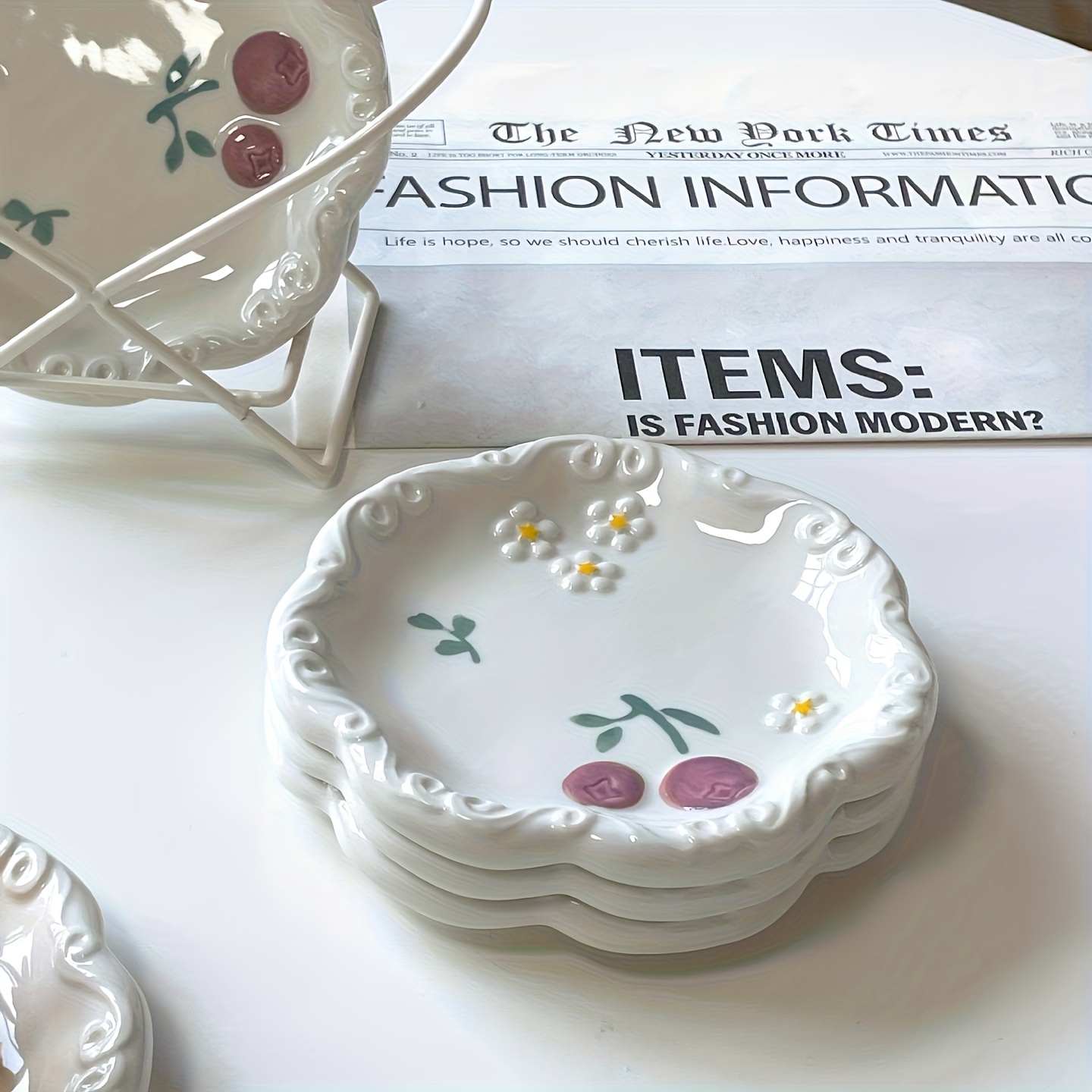 2pcs set of ceramic relief patterned plates fresh and cute bone spitting plates ceramic household new high end dining table garbage tray desktop exquisite small plate dessert plate   dining plate sushi plate coffee cup plate tea plate Product details 1