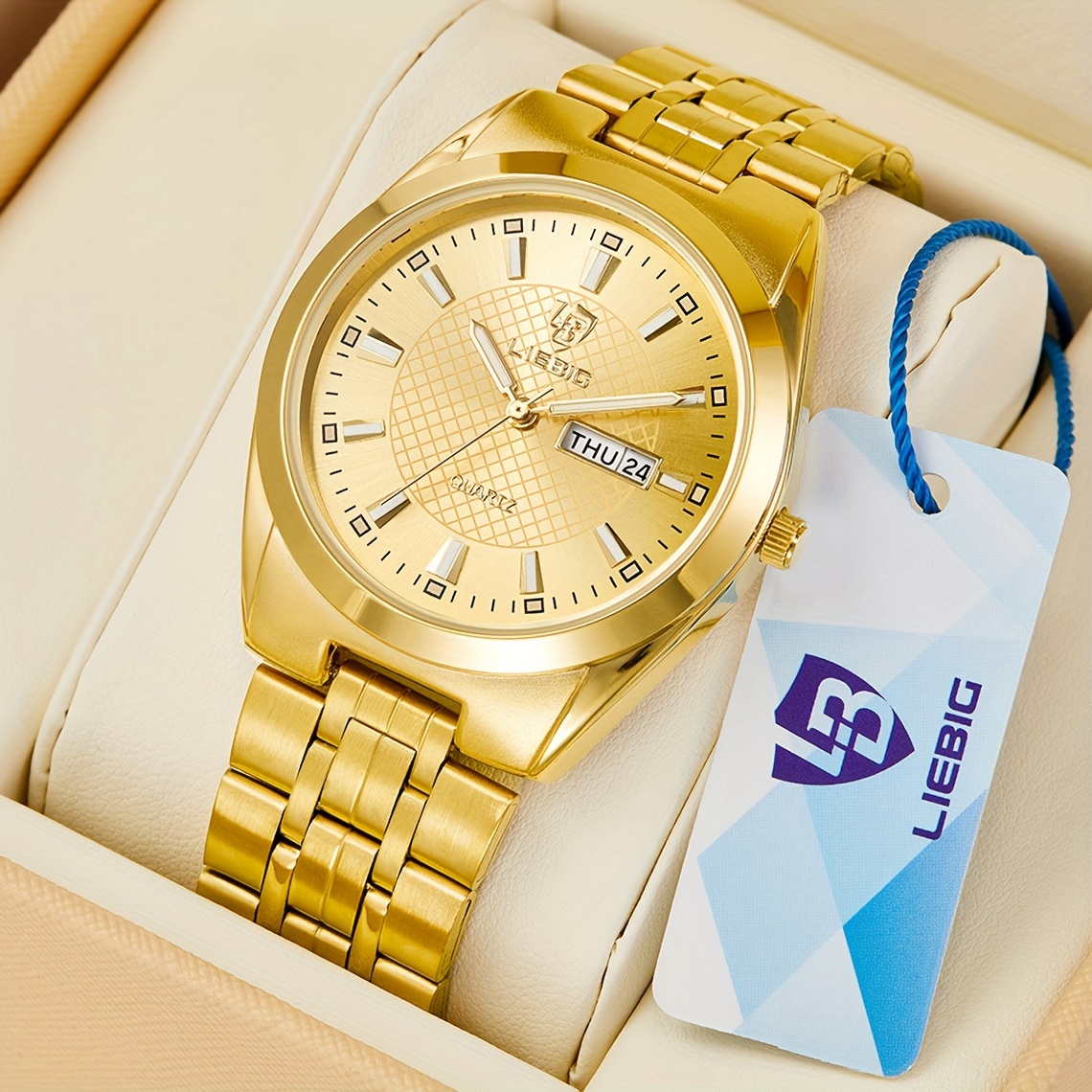 

Liebig Men Women Luxury Business Quartz Watch Waterproof Golden Fashion Date Dial Analog Steel Band Couple Wrist Watch