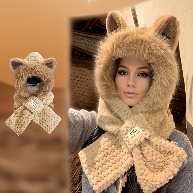 

A Women's Winter Set Featuring A Plush Animal Hat Ears And A Scarf, Stretchy Polyester Fiber, Includes A Neck Warmer, Professional - Two-piece Set.