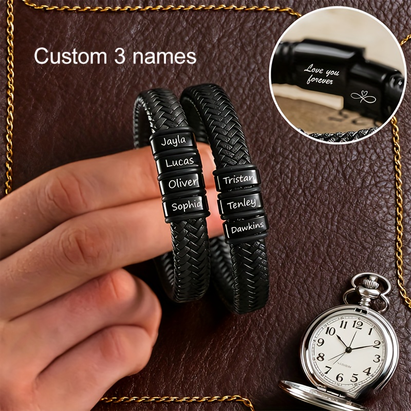 E-shop Personalisiertes geflochtenes Armband für Herren aus 304 Edelstahl, individuell graviert mit 1-6 Namen, mit „“-Anhänger Herzmuster. für Väter,