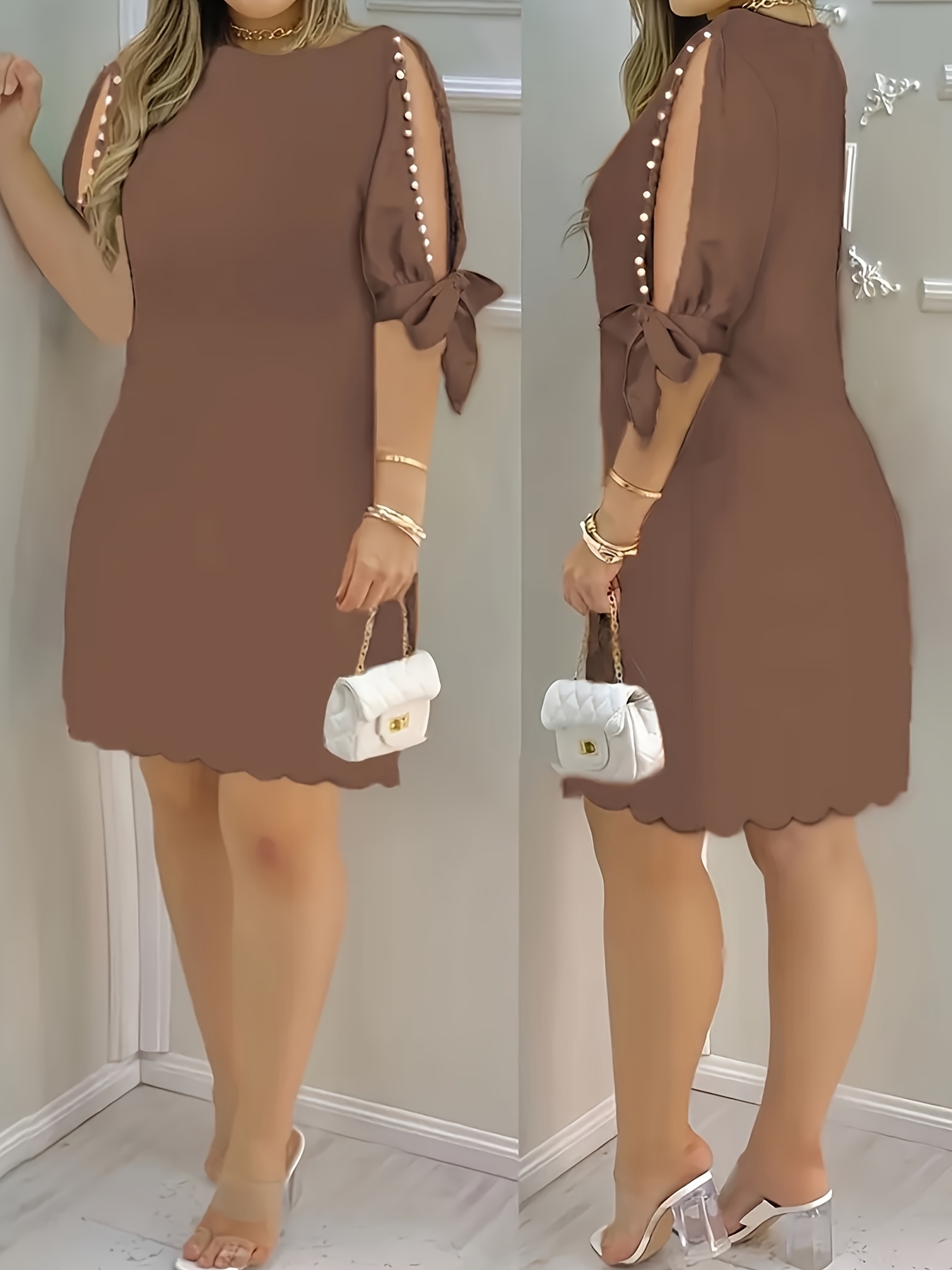 spaghetti strap a line dress Custom Satin Pleated Neck Thin Strap Slit A-line Pocket Bridal Dress main image 1