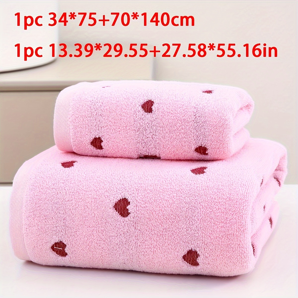 TEMU 100% Cotton Towel Set - 2 Piece Heart Pattern Bathing Towel Combo, 1 Hand Towel 34x75cm & 1 Bath Towel 70x140cm, Unscented, Soft & Absorbent - Ideal For Couples, Home Use & Valentine's Day Gift