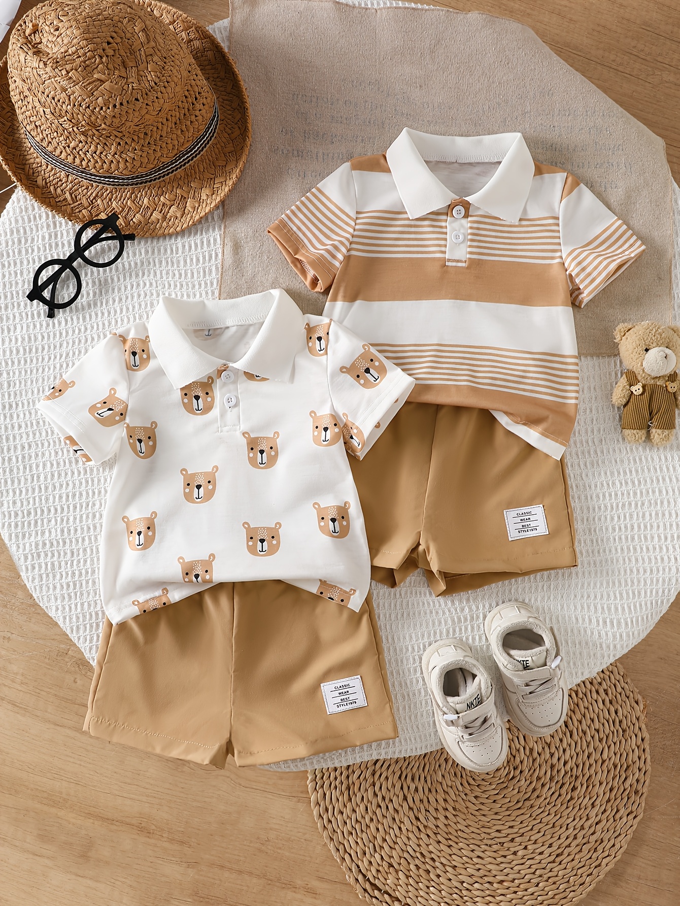 ensemble 4 pièces pour bébé garçon style européen et américain, motif de dessin   + haut à manches courtes rayé et élégant avec   de boutonnage semi-ouverte + short à taille élastique, vêtements dété pour bébé garçon, tenue dété   et tendance, vêtements fins pour bébé, style gentleman, style collège, short à manches courtes et   0