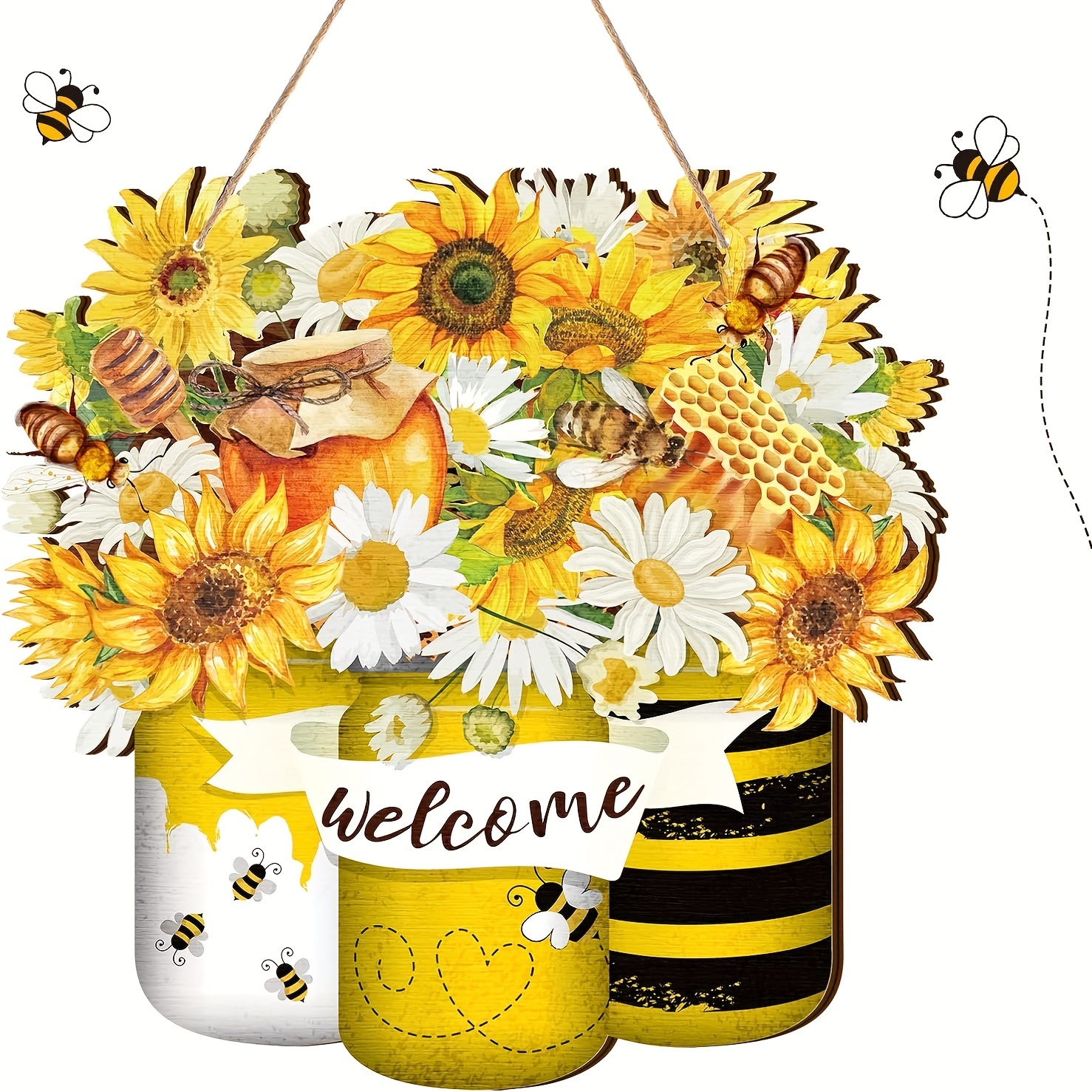 

Bee Welcome Sign Wood Sign Happy Front Door Decor Bee Wood Hanging Door Sign Outdoor Wooden Front Door Decorations For Farmhouse Porch Front Door Decoration