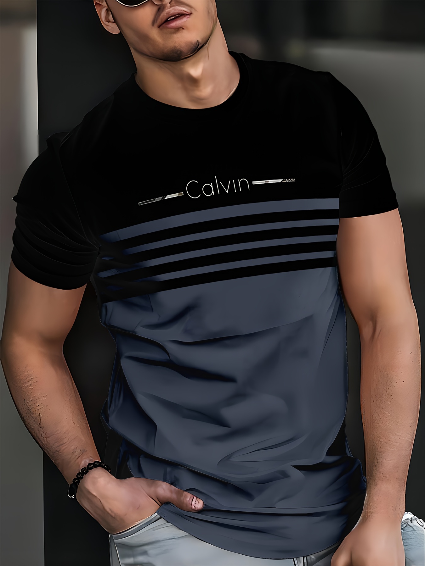 Camiseta ligera y transpirable para hombre con diseño de rayas color block, cuello redondo, mangas cortas, ajuste cómodo para todas las estaciones, adecuada para ropa casual y semi-formal, ropa versátil, estilo casual moderno, construcción duradera