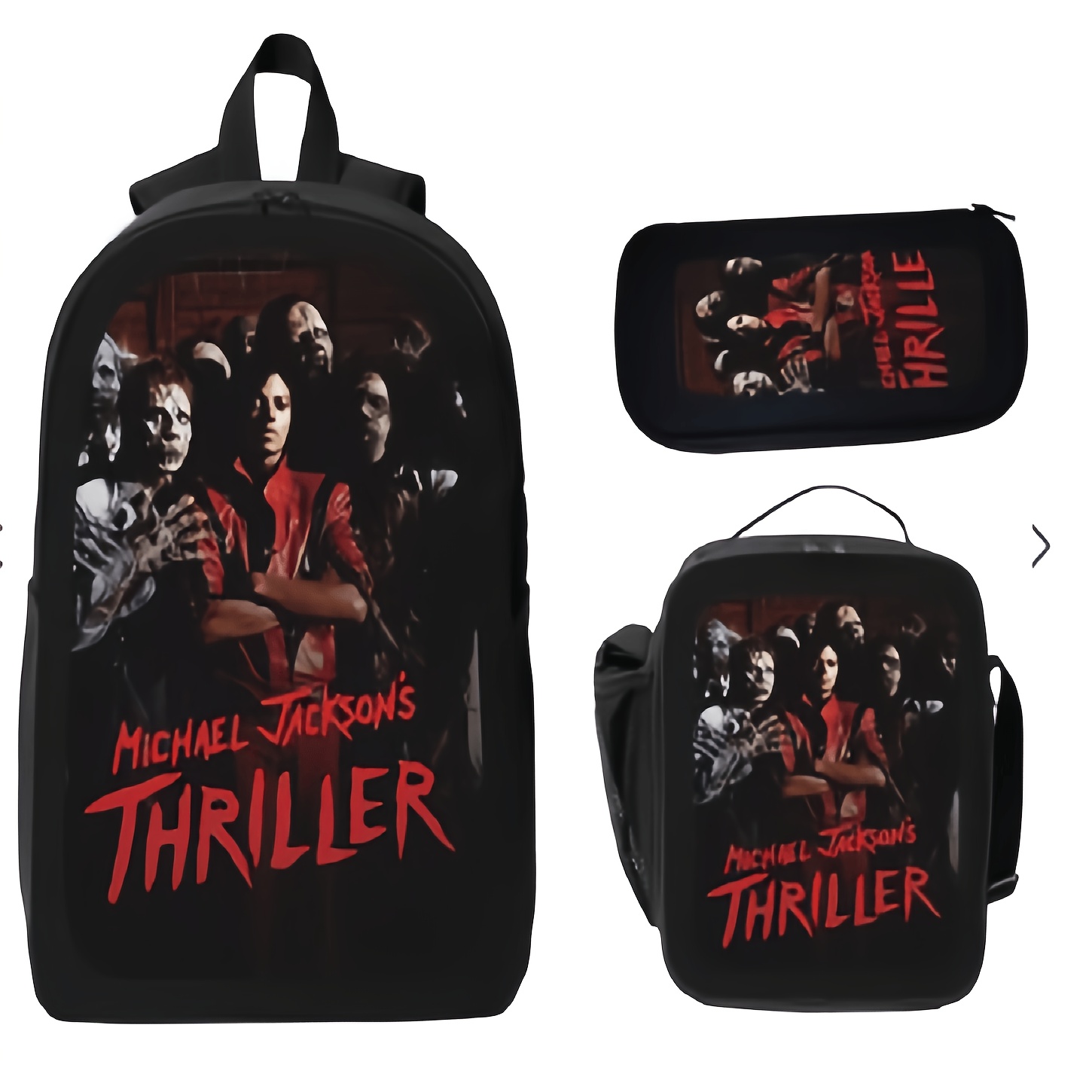 Image of "" Themed 3pcs Set, Includes Backpack, Pencil Case, And Small Square Bag, 2d Printed Design, And Black Color Scheme, Suitable For Students' Daily Use