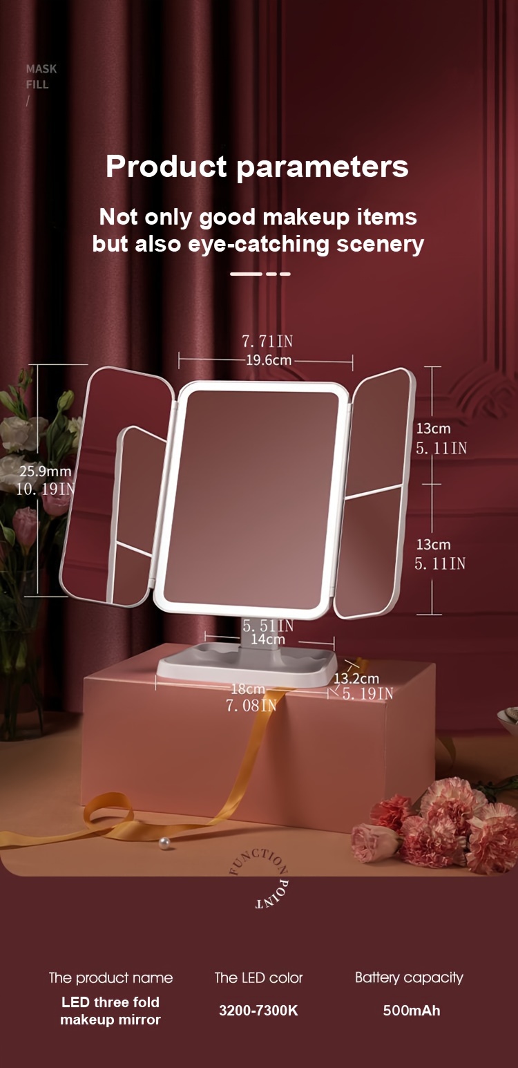 Foldable 3-Sided Desktop Mirror with Surface & Shell Design - Portable Tri-Section Vanity Mirror for,, Dorm Room, Salon, Birthday Gift, Space-Saving Tabletop Makeup Mirror with Polished