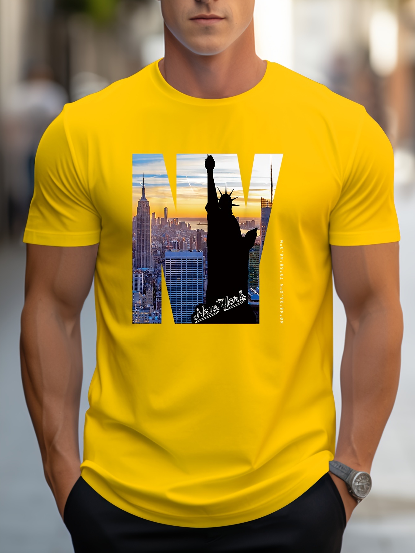 Men'S Casual Crew Neck T-Shirt with NY City Skyline Print, Alphabet Slogan, Polyester Knit Fabric, Slight Stretch, Regular Fit, Summer Wear - MBDMBD