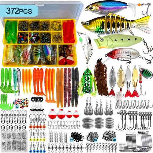 66 95 103 189 372pcs fishing lures kit for freshwater bait tackle kit for trout salmon fishing tackle box fishing additions including spoon lures soft plastic worms gifts for men