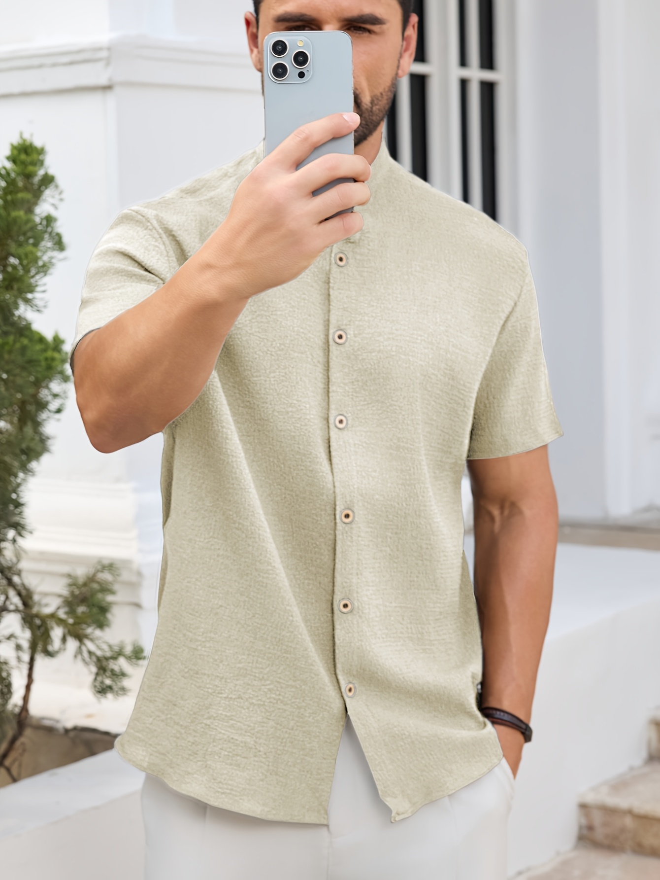 Men'S Lightweight Summer Casual Shirt - Solid Color Beige, Short Sleeve, Stand Collar, Button-Up, Breathable Woven Fabric for Outdoor & Weekend Wear, Relaxed Fit Shirt | Classic Collar Shirt | Durable Fabri