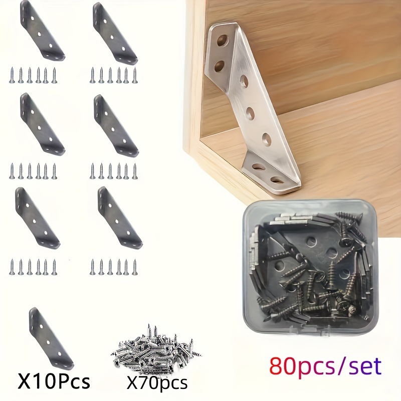 TEMU 80pcs Heavy Duty Stainless Steel Corner Brackets Set With Screws - Waterproof & Rust-resistant, Ideal For Shelves, Wood Furniture & Office Renovation