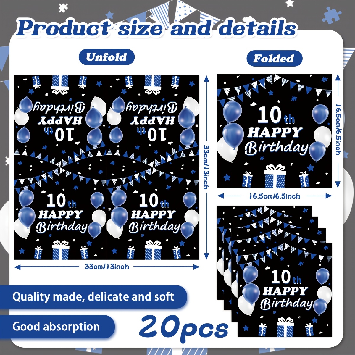E-shop Blaue schwarze 10. Geburtstagsthema-Party-Servietten, geeignet für Party- Geburtstags-Tischdekorationen, Valentinstag, Karneval, Mardi Gras,