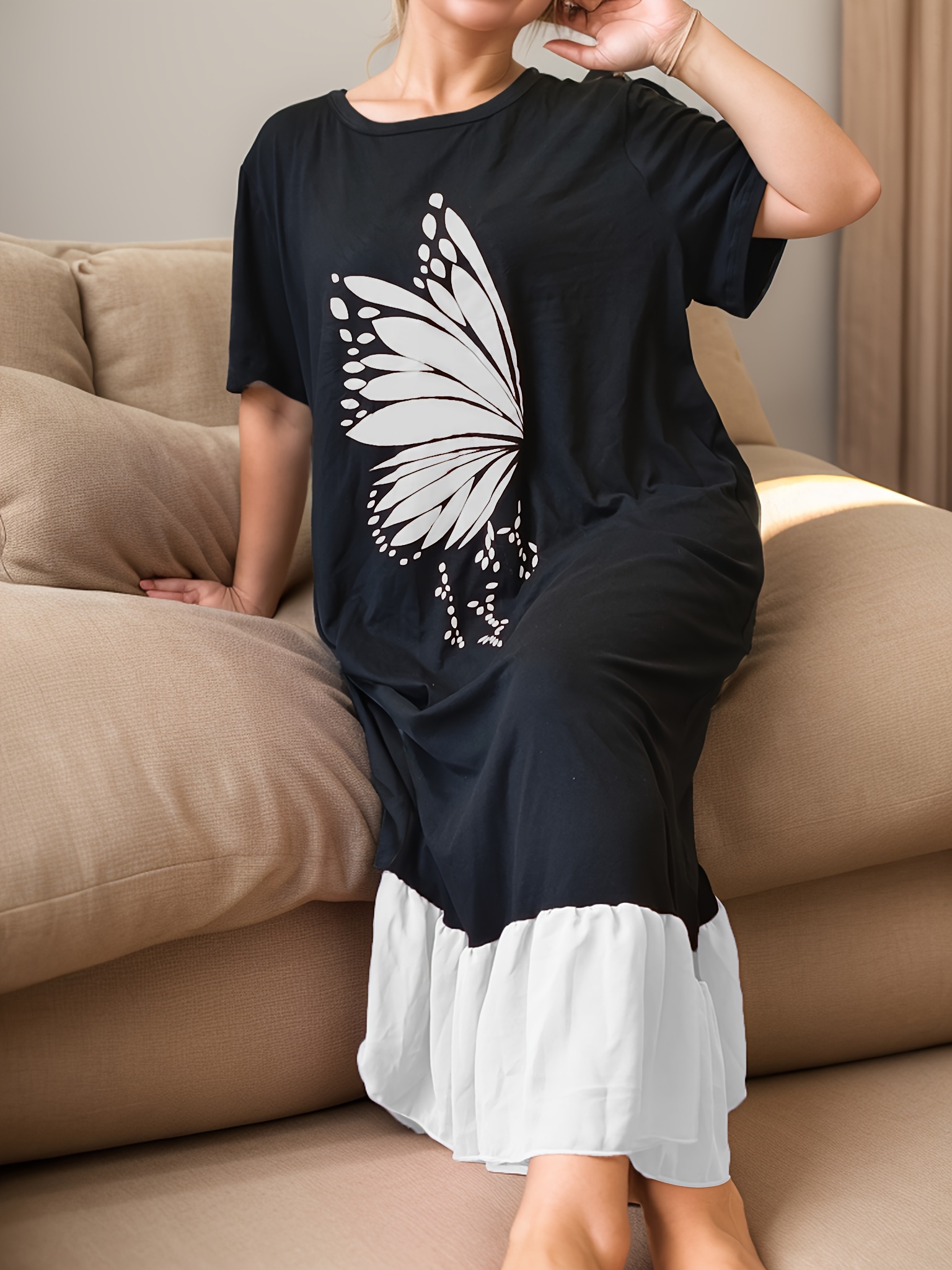 Cozy Plus Size Women's Sleep Dress - Vintage Butterfly Print, Short Sleeve & Long Skirt Lounge Robe, Machine Washable, Autumn Winter, Home Wear