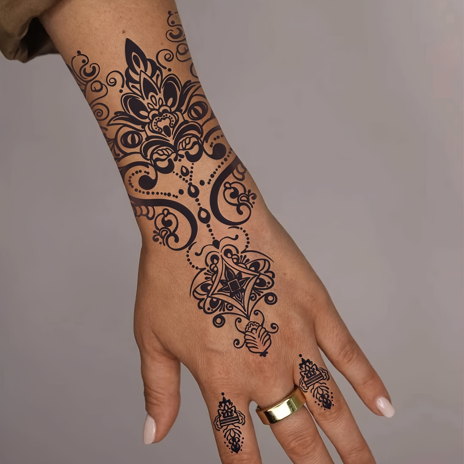 10pcs Black Floral Temporary Tattoo Stickers Hands Fingers