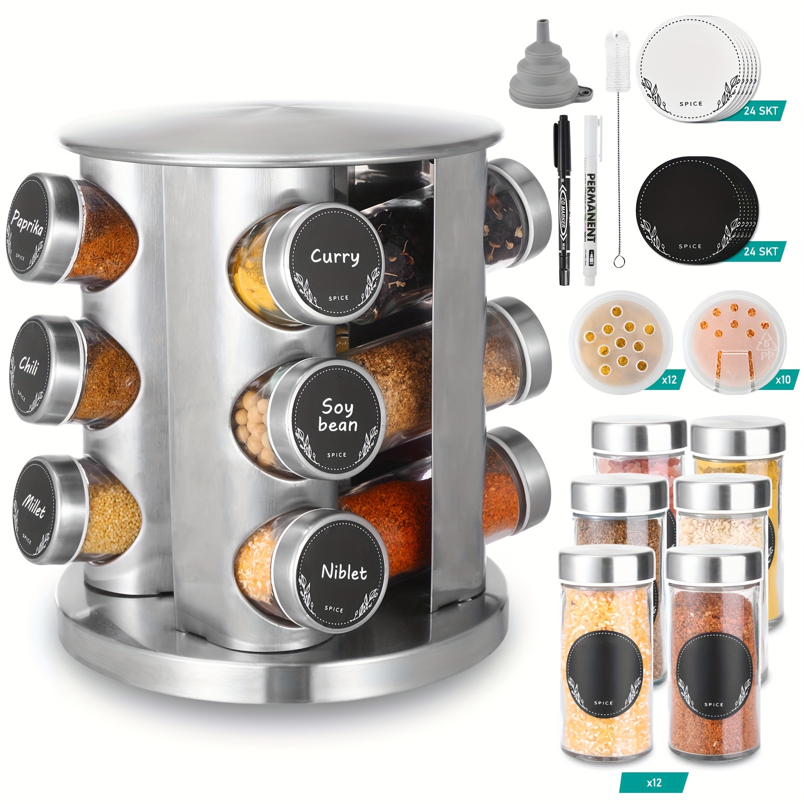 

12pcs Rotating Spice Rack With Glass Jars & – Large Capacity, Kitchen Organizer For Countertops, Cabinets & Shelves, Includes Labels & Marker For Easy Identification, Rust-proof Design