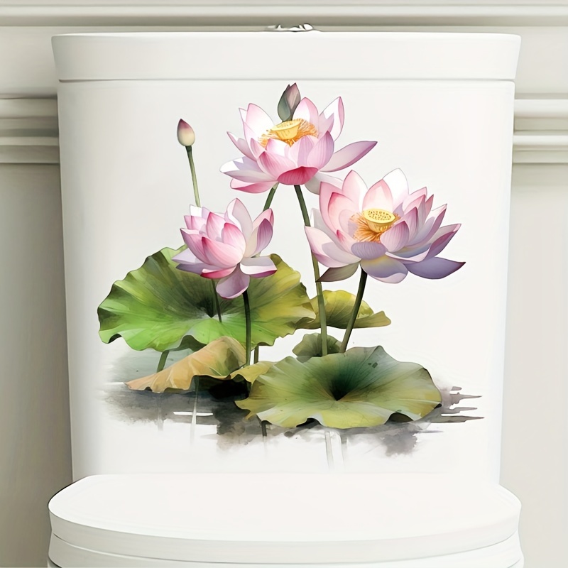 

Lotus Flower Toilet Lid Decals - 1pc Self-adhesive Ceramic Toilet Tank Sticker, Semi-glossy Floral Home Decoration, Single Use Door Decal With Square Shape And Embellishments