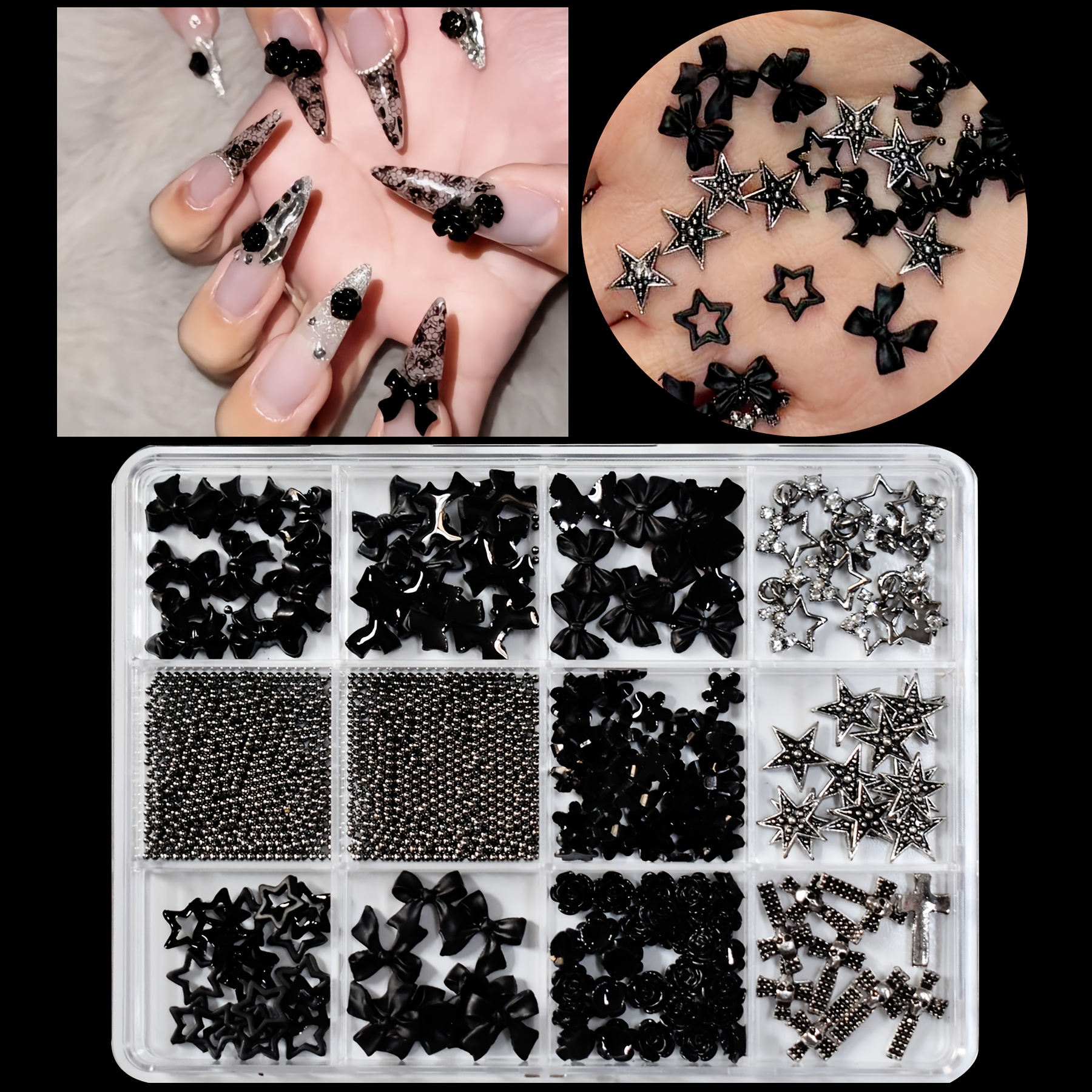 Set Of 500pcs Of 3d Mixed Black Nail Additions With 12 Panels, Featuring Resin , Roses, Butterflies, Bows, Alloy Pendants, And Hollow Pentagrams, Designed For Nail And Fragrance-free