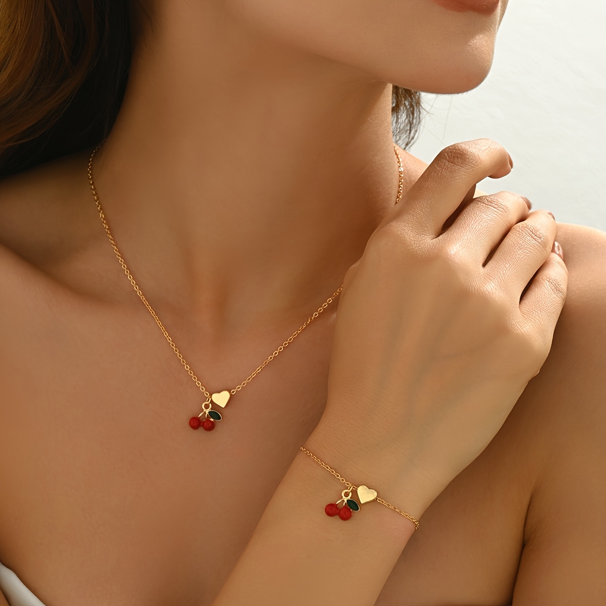 2pc Cherry Heart Bracelet Necklace Set
