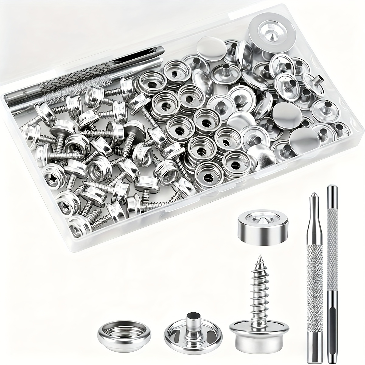 Stainless Steel Boat Canvas Snap Kit – 3/8" Socket, Screws & Tool – DIY Canvas Fastener Set