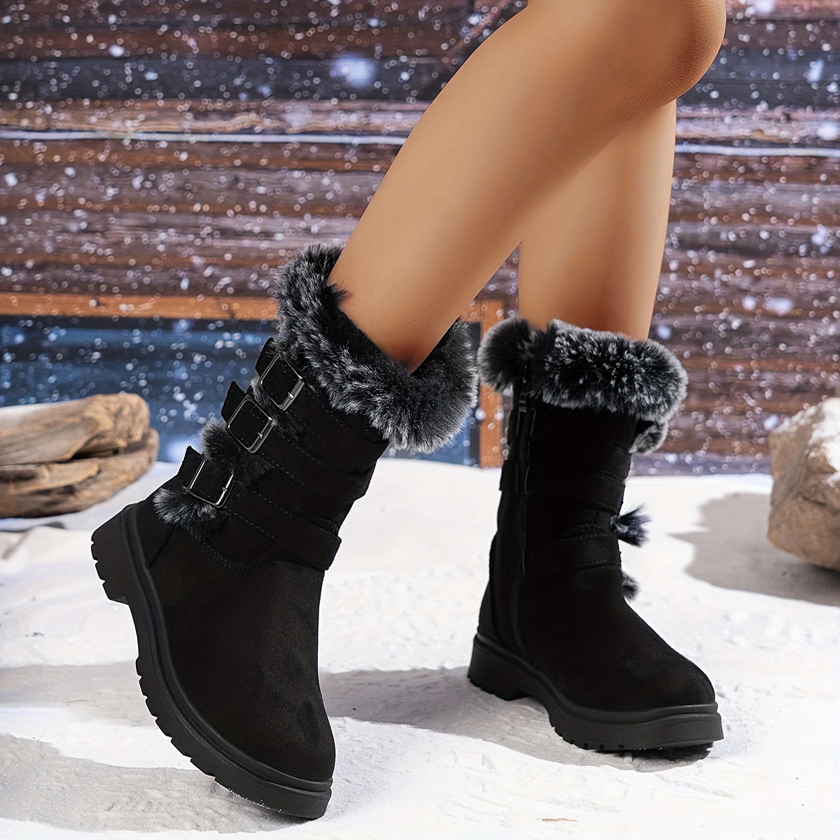 Girls' Cute Furry Collar Mid-calf Boots With Belt Decoration