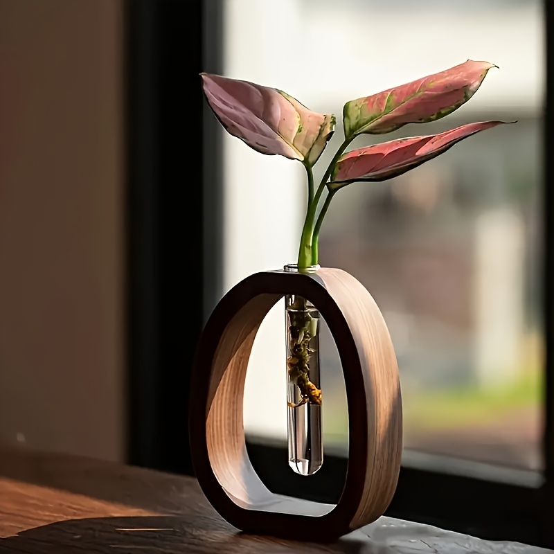 TEMU A Stylish Walnut Vase With Glass Tube | Modern Minimalist Style | Ideal For Decorating Homes, Hotels, And Apartments | Ideal For Gifts