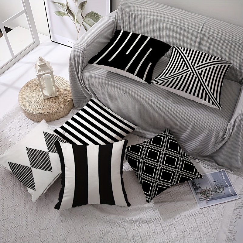 TEMU 6pcs Double-sided Printed Throw Pillow Covers, Black White Striped Geometric Pattern Cushion Cases With Hidden Zipper, Indoor Outdoor Decor For